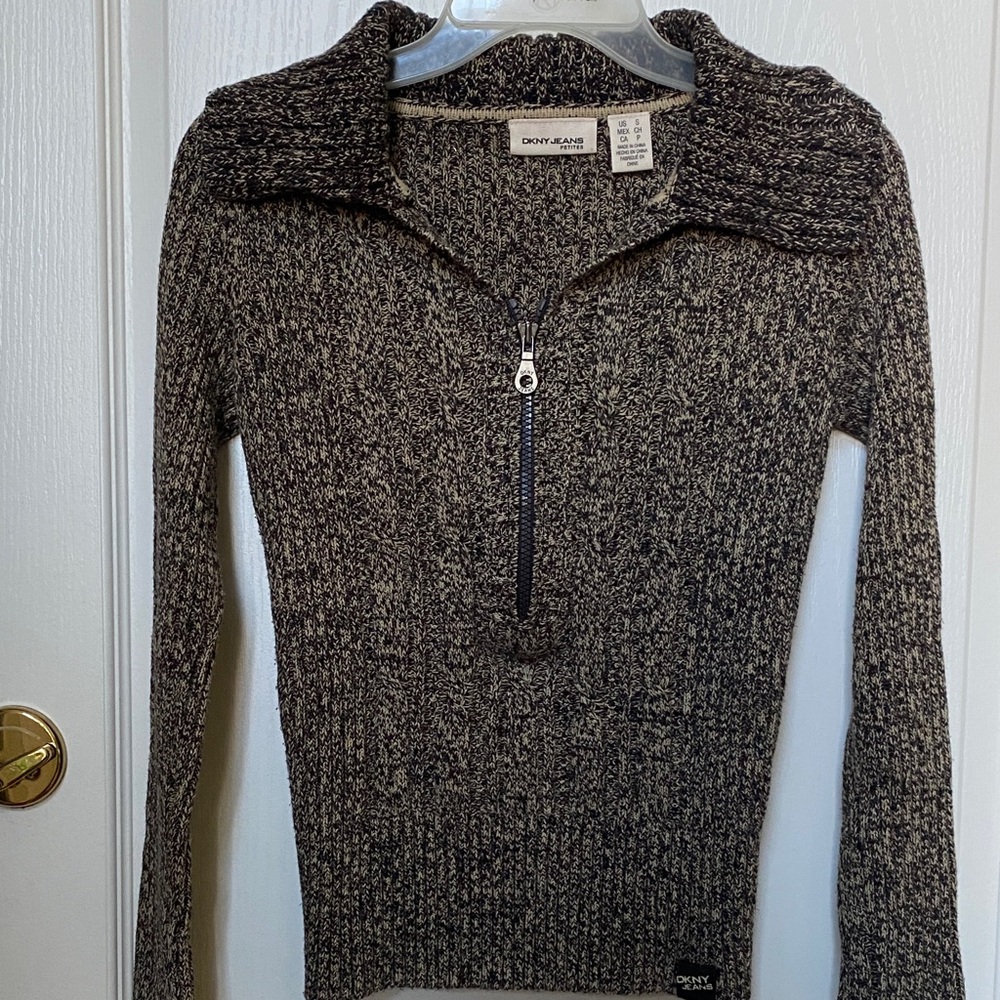 DKNY Brown and Tan/Cream Knit Half-zip Sweater